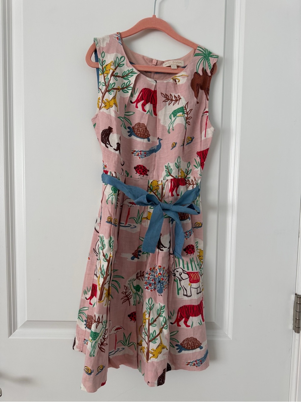 Mini Boden Pink Animal-Print Cotton Dress with Blue Sash